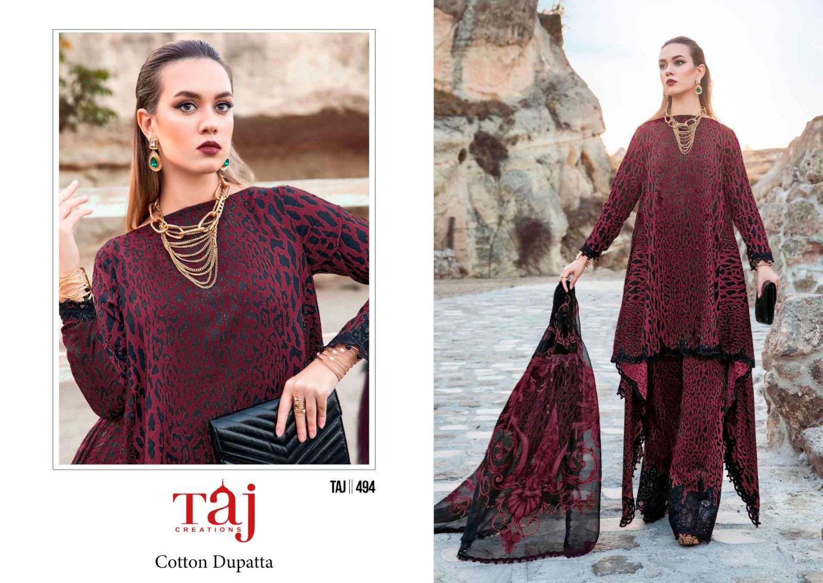 Taj 492 To 494 Cotton Dupatta Hits Design Pakistani Suits Wholesale catalog