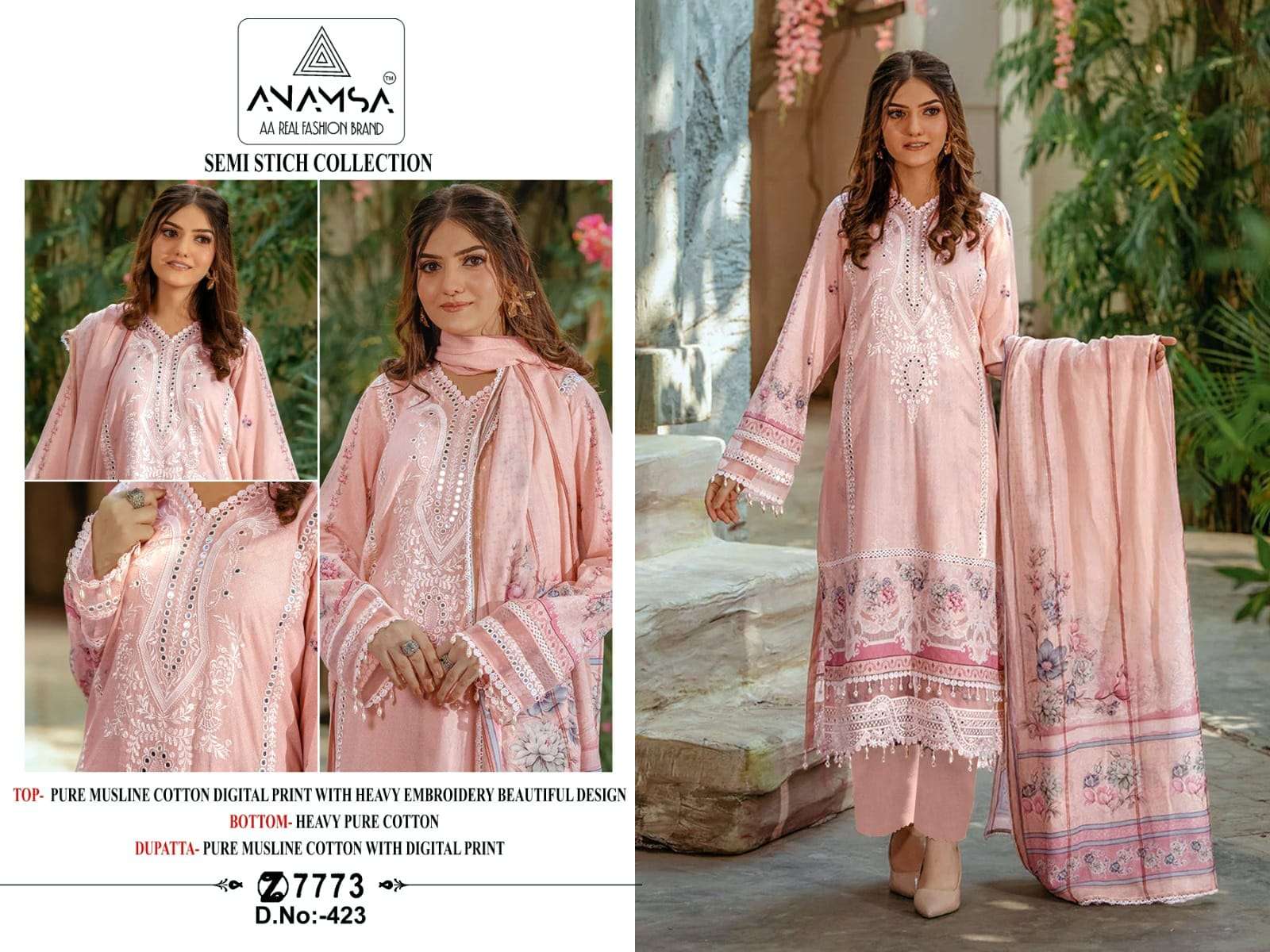 Anamsa 423 Musline Cotton Pakistani Suit wholesale catalog