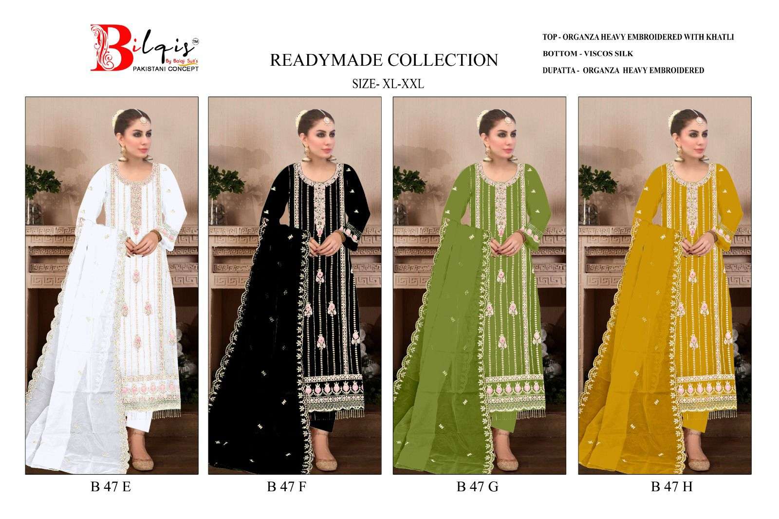 Bilqis B 47 E To H Organza Pakistani Suits Wholesale catalog