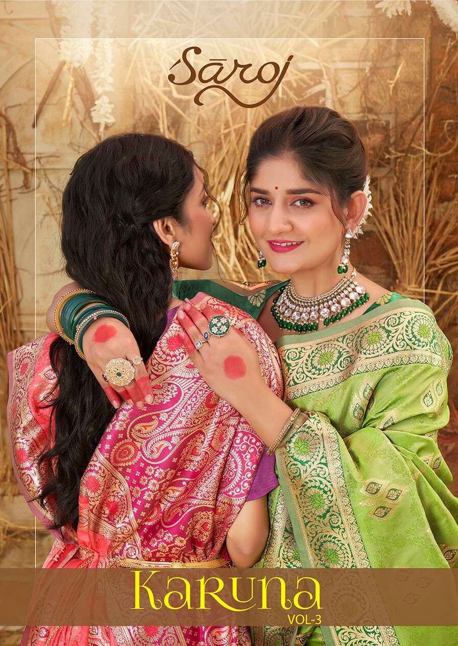 Saroj KARUNA Vol.3 50*600 Heavy silk fabric with jacquard contrast border pallu Wholesale catalog    