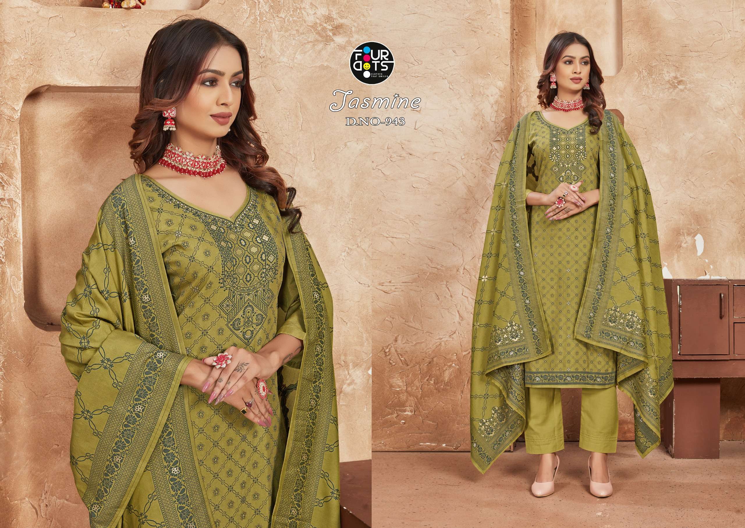 Four Dots Jasmine Muslin Designer Dress Material Wholesale catalog