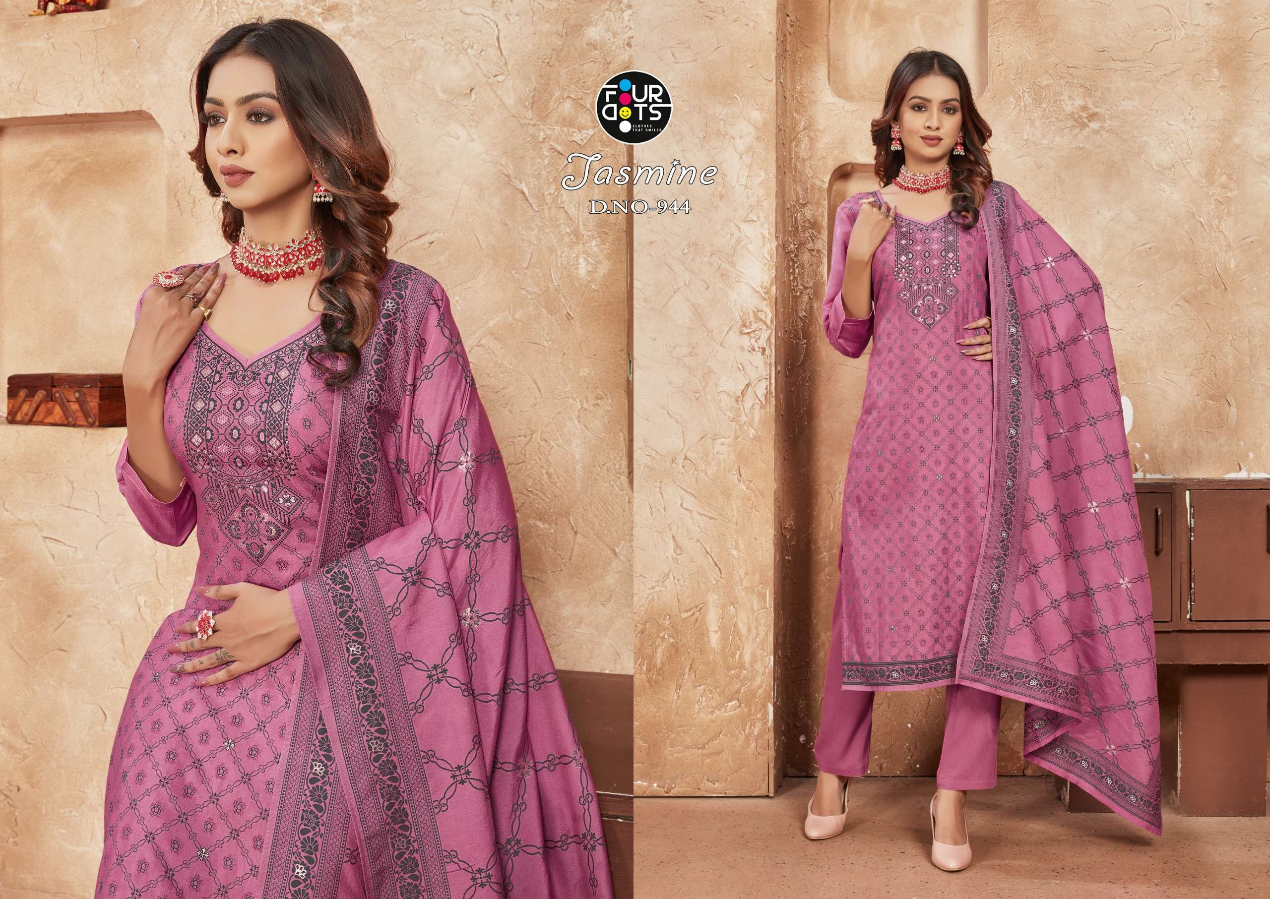 Four Dots Jasmine Muslin Designer Dress Material Wholesale catalog