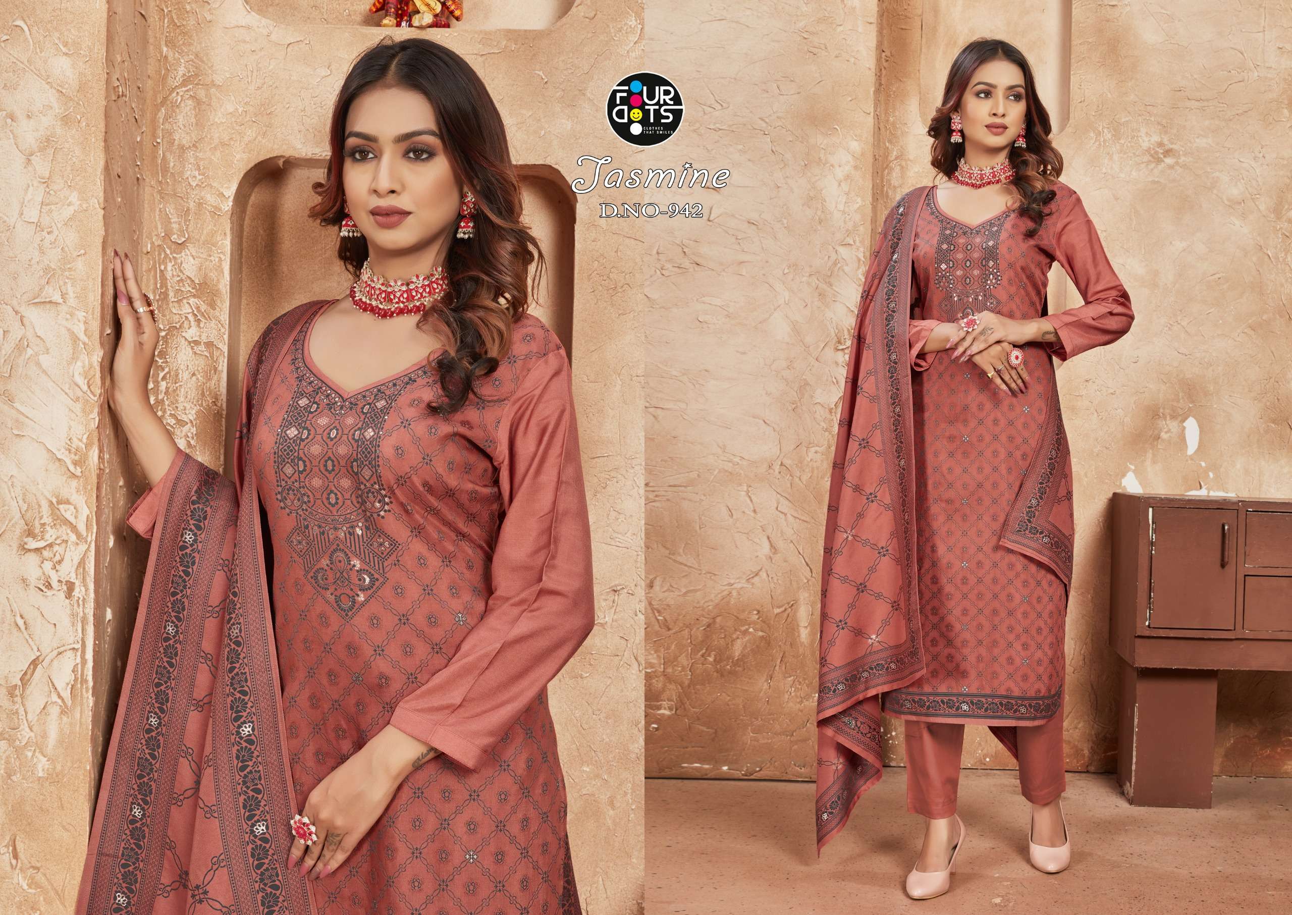 Four Dots Jasmine Muslin Designer Dress Material Wholesale catalog