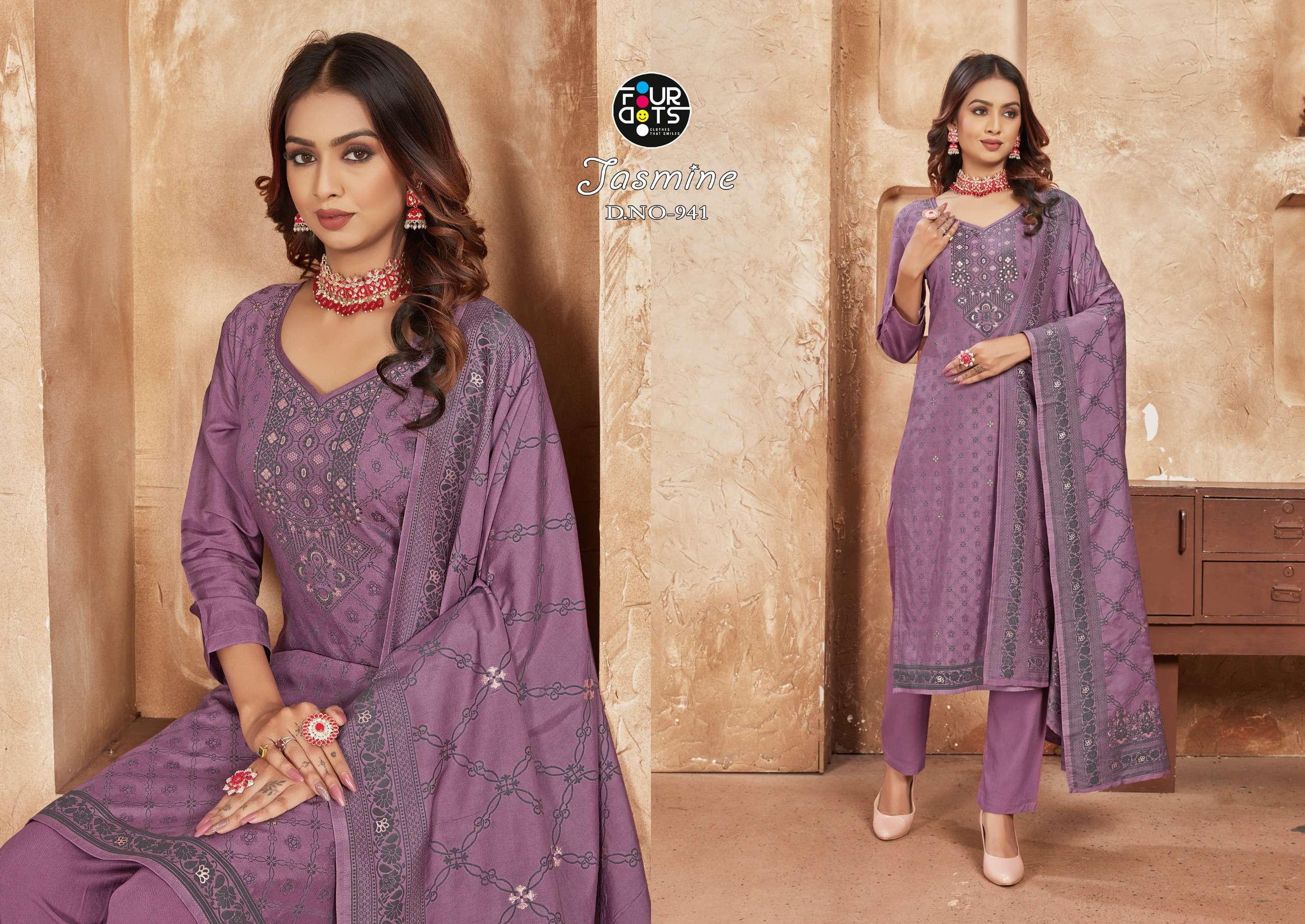 Four Dots Jasmine Muslin Designer Dress Material Wholesale catalog