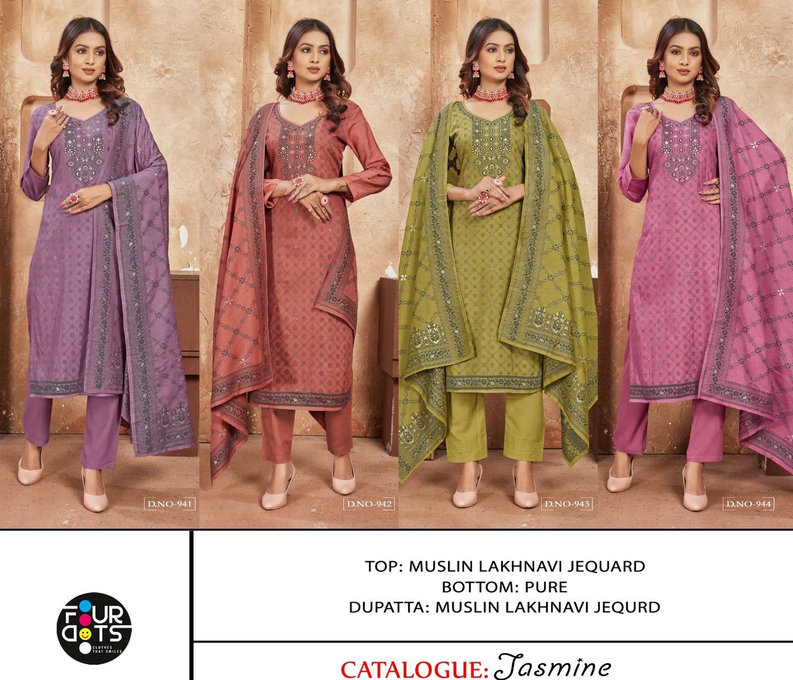Four Dots Jasmine Muslin Designer Dress Material Wholesale catalog