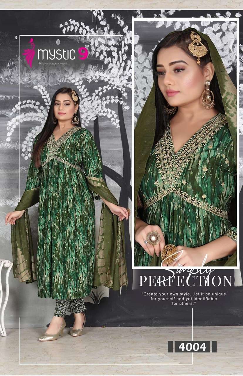 Mystic 9 Pooja Vol-4 – Aliya Cut Kurti With Pant And Dupatta - Wholesale Catalog