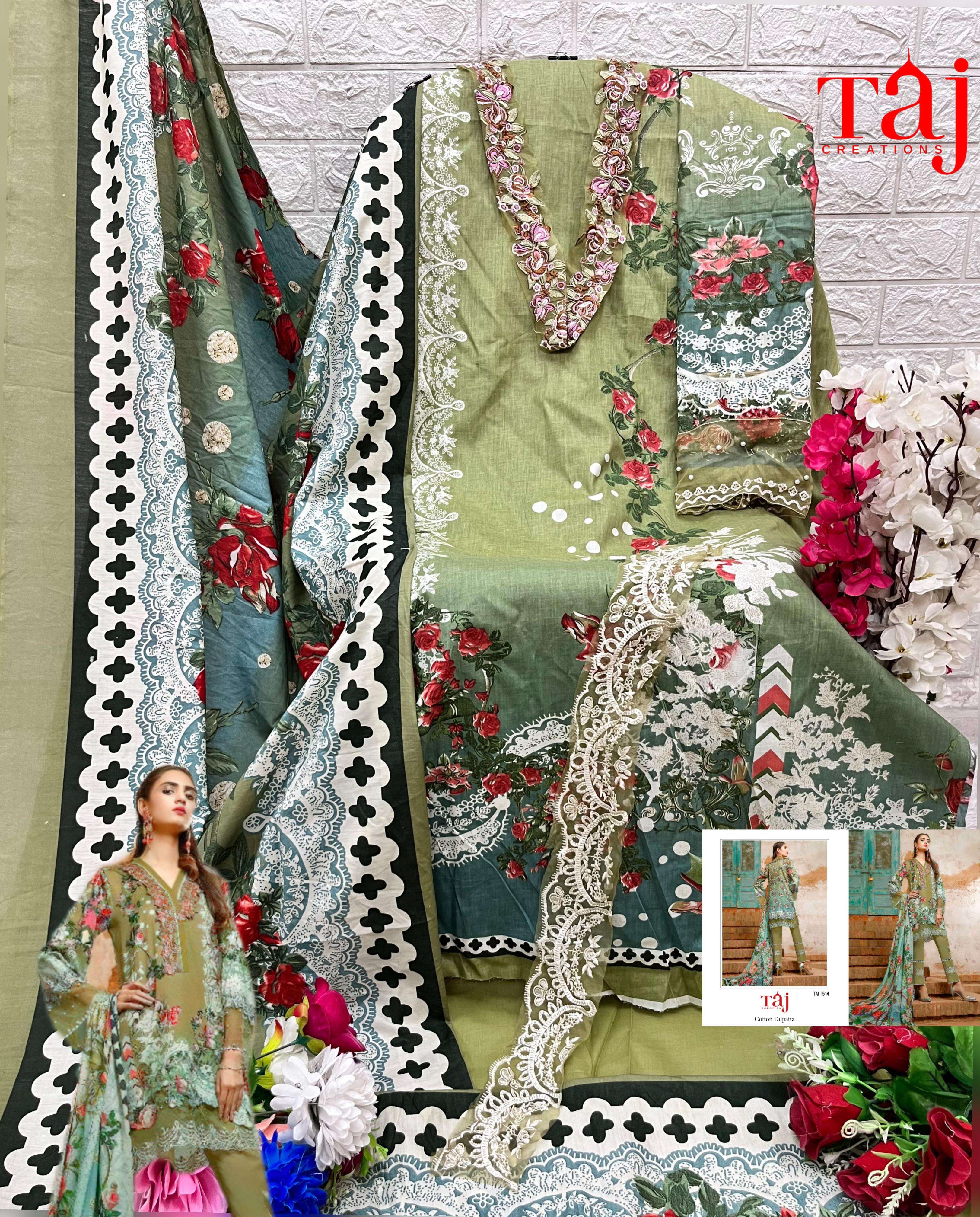 Taj 512 And 514 Cotton Dupatta Salwar Suits Wholesale catalog
