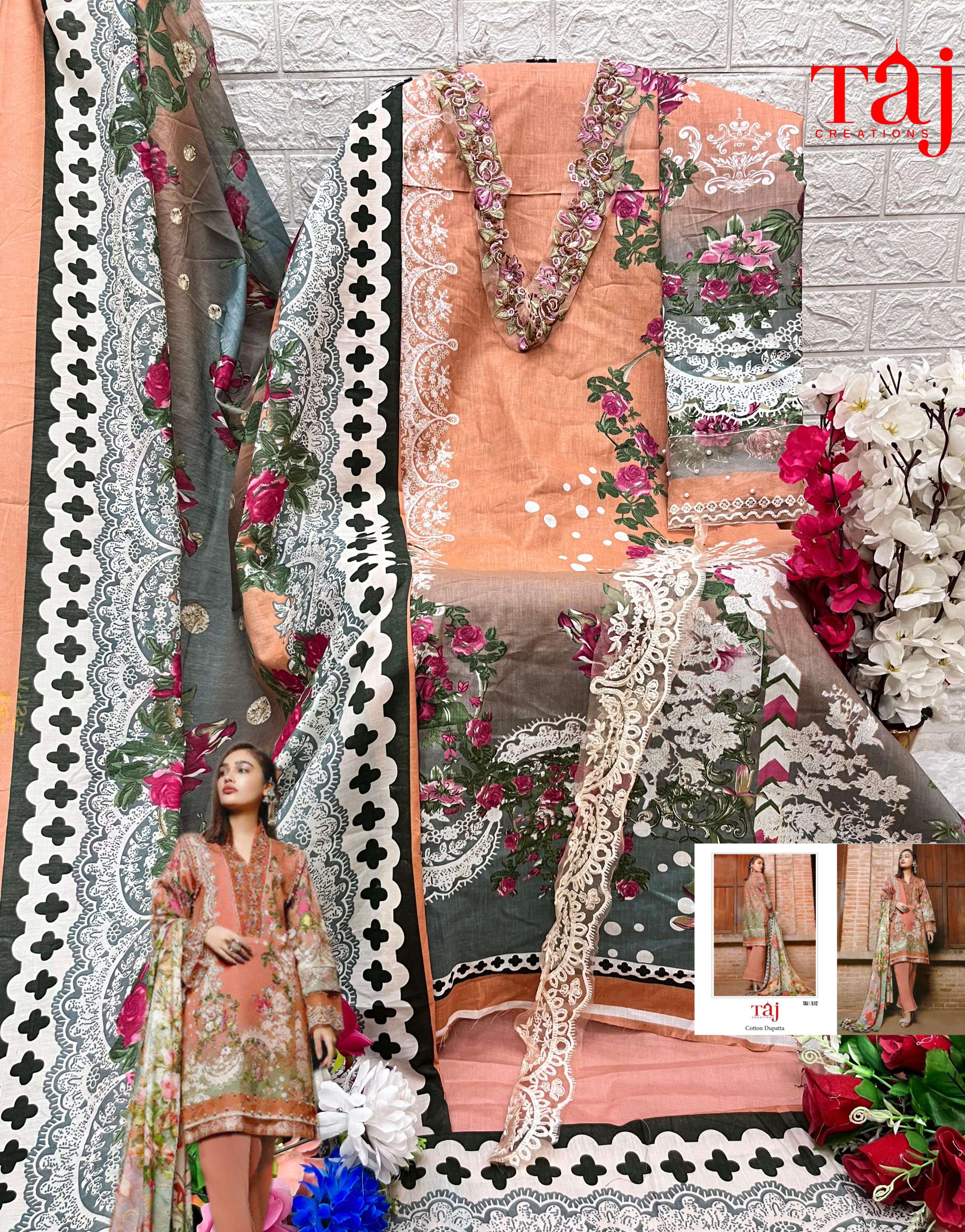 Taj 512 And 514 Cotton Dupatta Salwar Suits Wholesale catalog