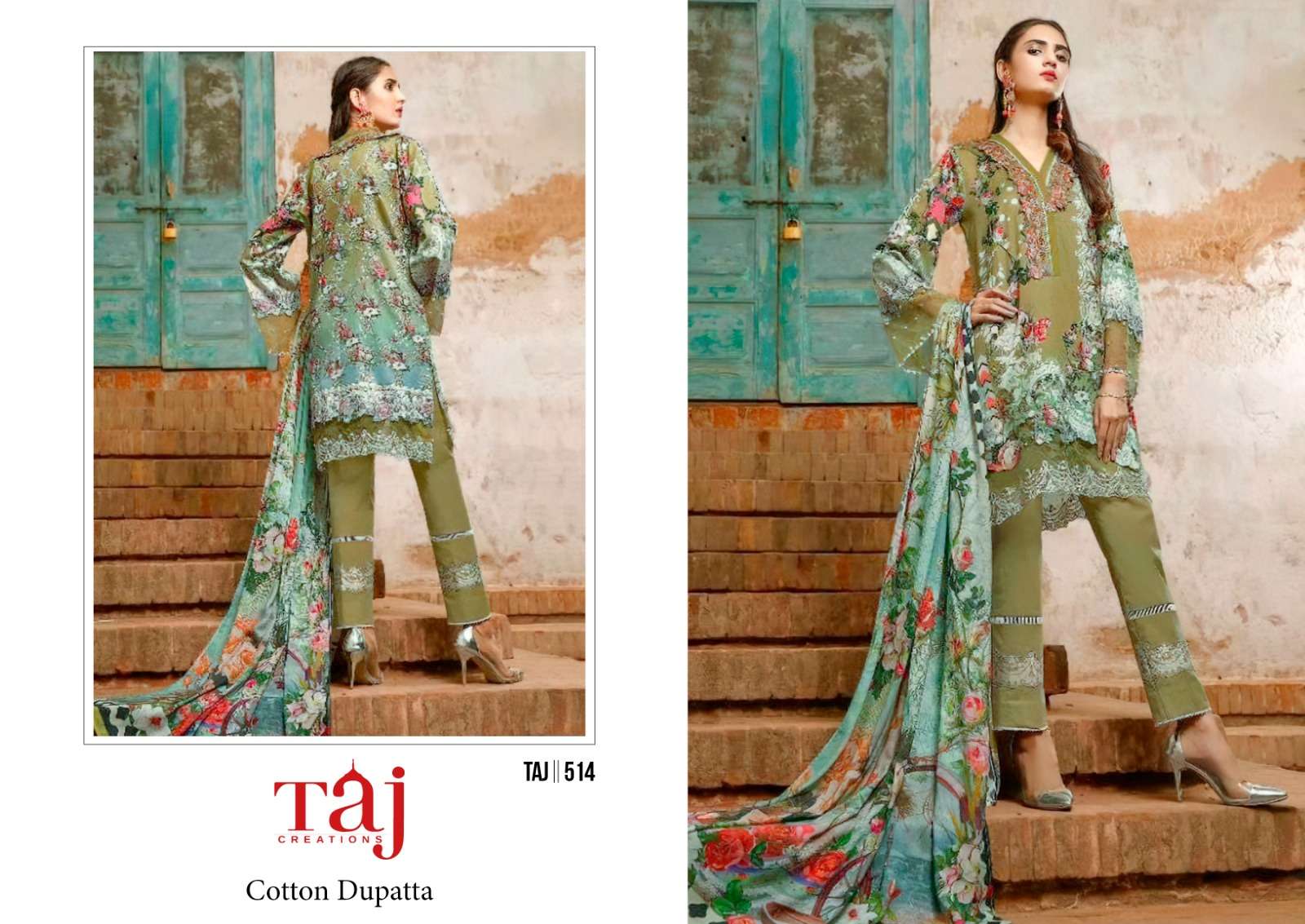 Taj 512 And 514 Cotton Dupatta Salwar Suits Wholesale catalog