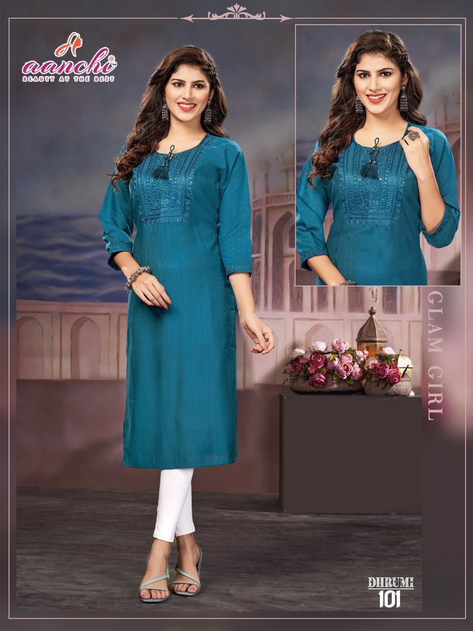 Aanchi Dhrumi Fancy Fabric Kurti Wholesale Catalog