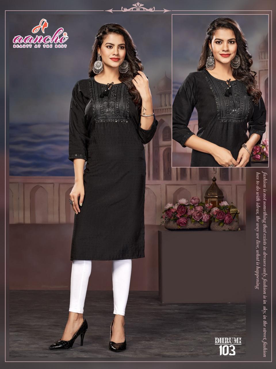 Aanchi Dhrumi Fancy Fabric Kurti Wholesale Catalog