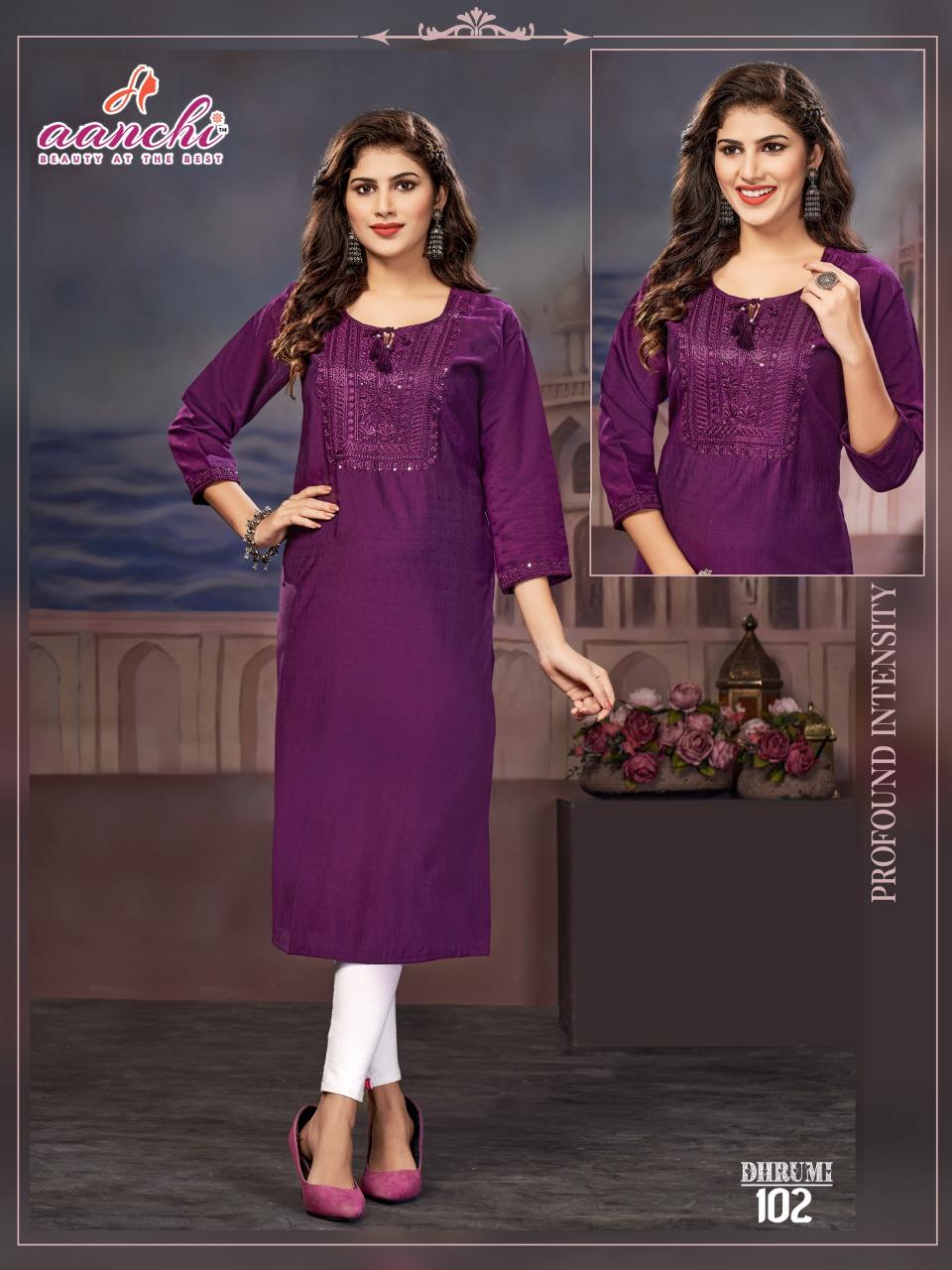 Aanchi Dhrumi Fancy Fabric Kurti Wholesale Catalog