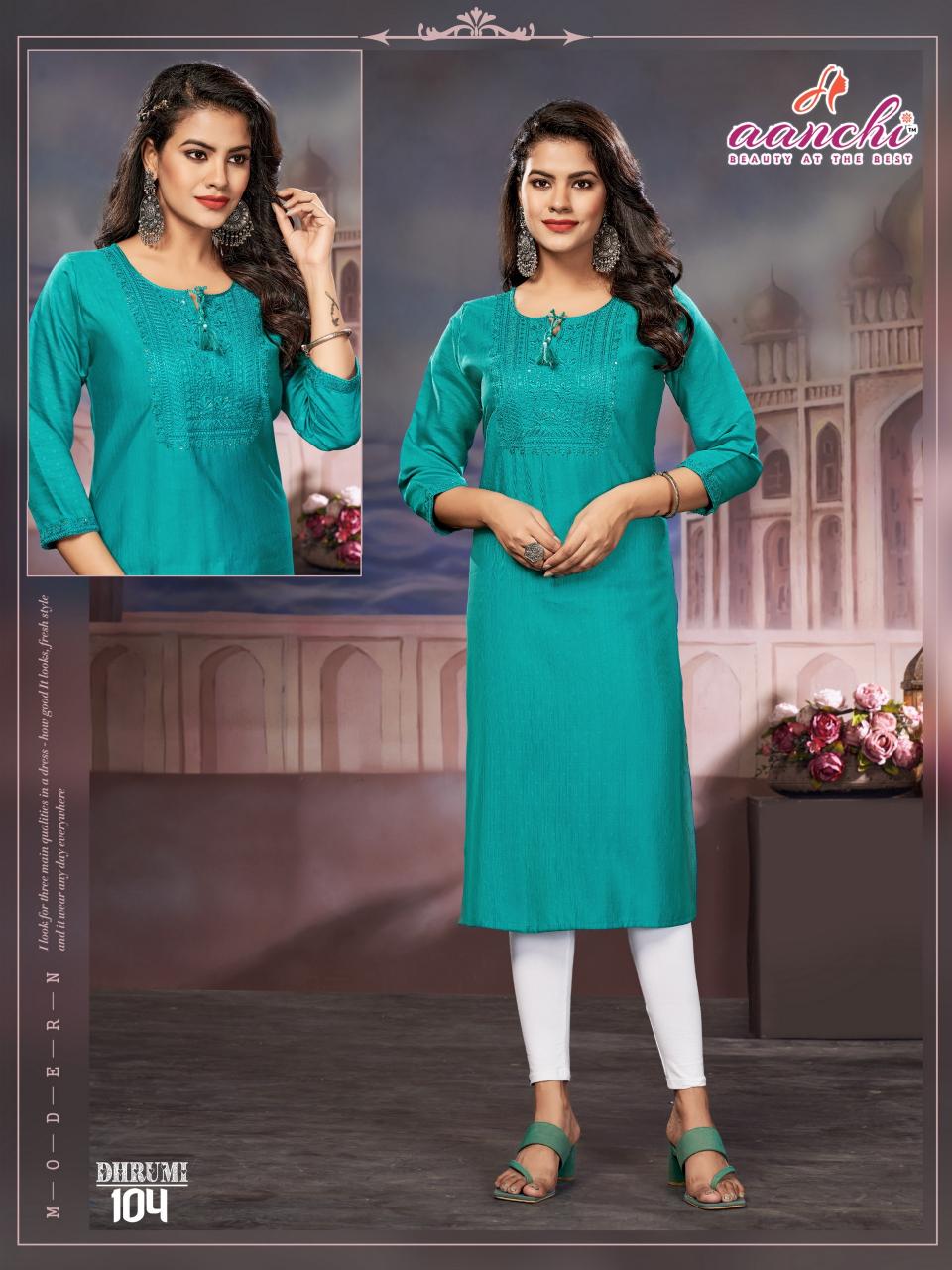 Aanchi Dhrumi Fancy Fabric Kurti Wholesale Catalog