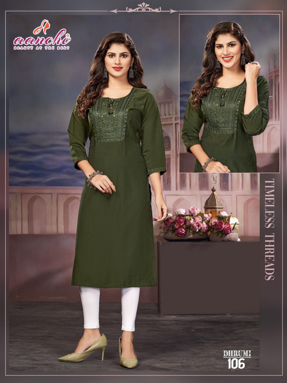 Aanchi Dhrumi Fancy Fabric Kurti Wholesale Catalog