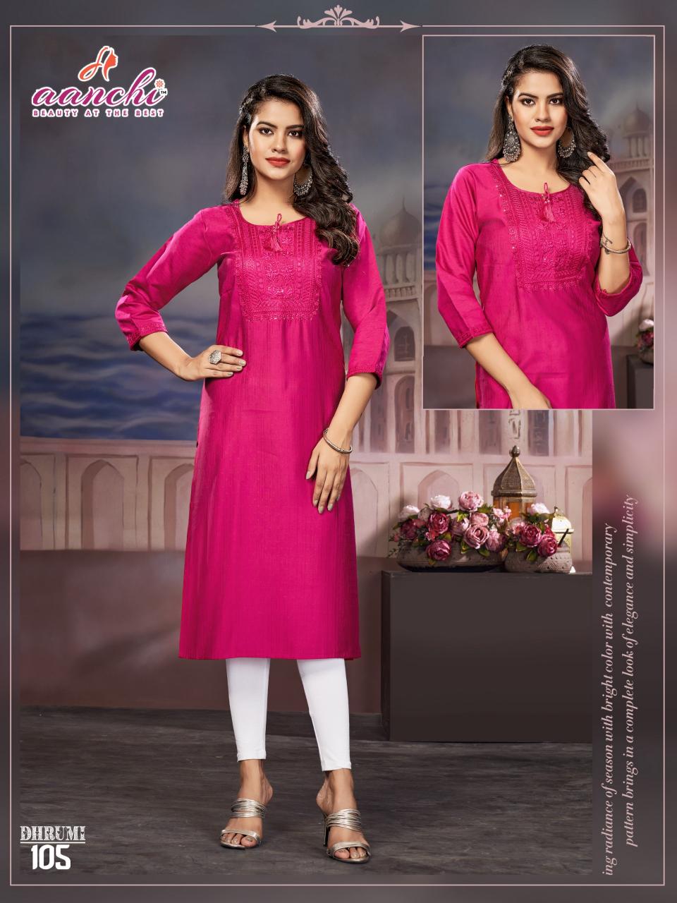 Aanchi Dhrumi Fancy Fabric Kurti Wholesale Catalog