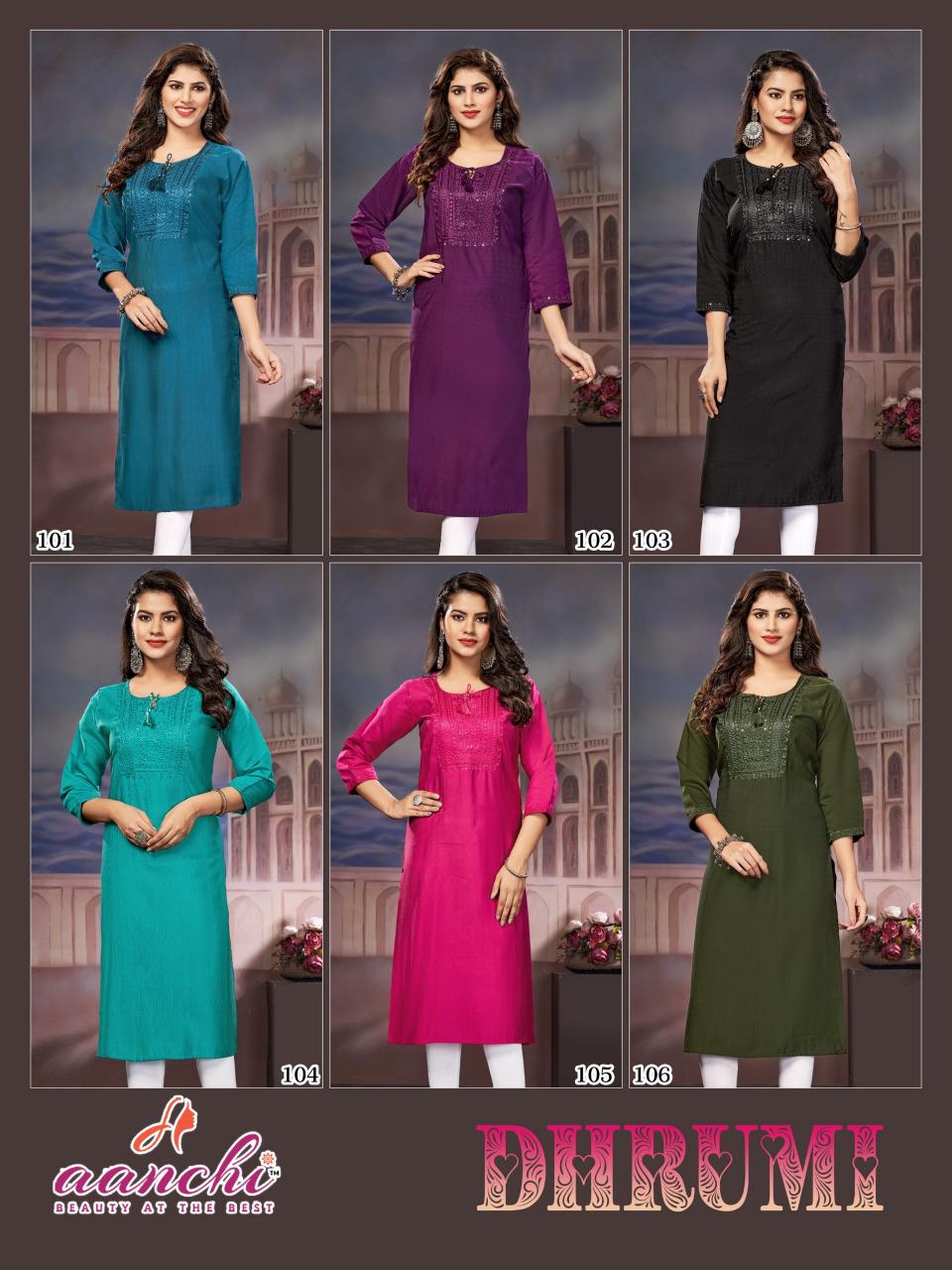 Aanchi Dhrumi Fancy Fabric Kurti Wholesale Catalog