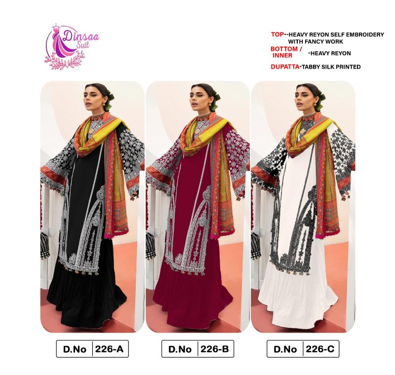 Dinsaa 226 Rayon Embroidered Salwar Kameez Wholesale Catalog