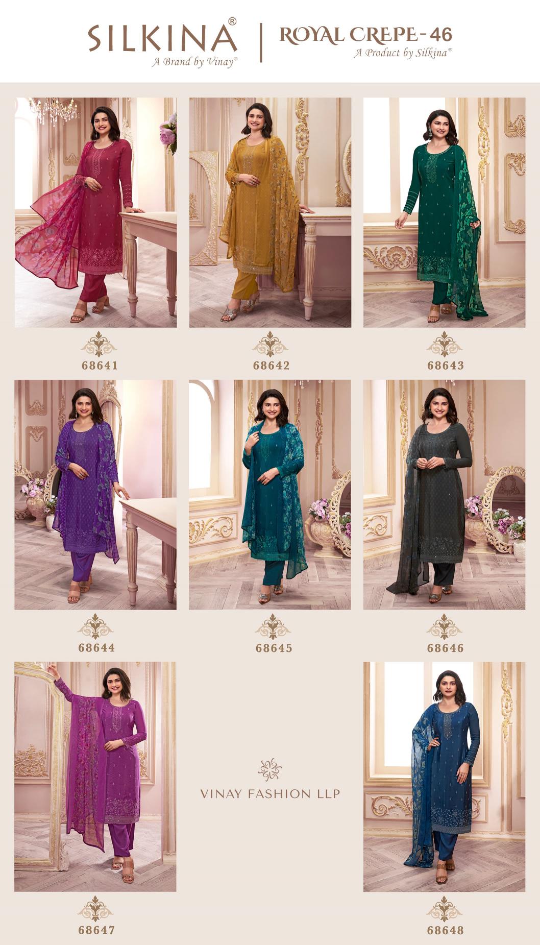Vinay Silkina Royal Crepe 46 Embroidered Salwar Kameez Wholesale Catalog