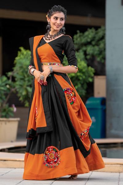 Aawiya 7066 C Orange - Black Cotton Lehenga Choli Wholesale catalog