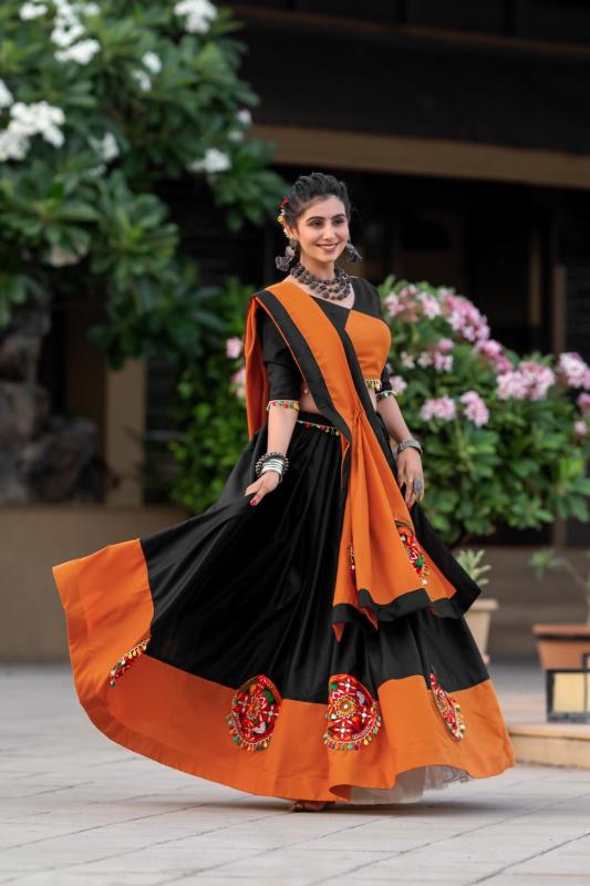 Aawiya 7066 C Orange - Black Cotton Lehenga Choli Wholesale catalog