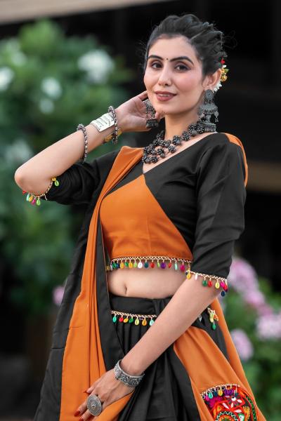 Aawiya 7066 C Orange - Black Cotton Lehenga Choli Wholesale catalog