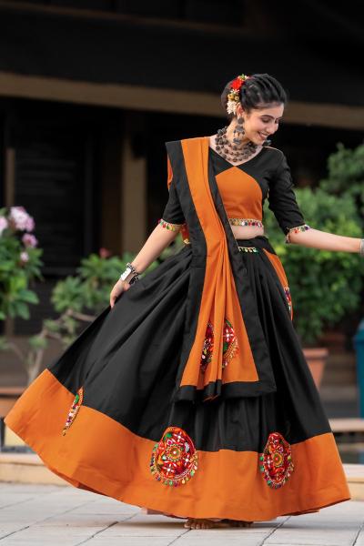 Aawiya 7066 C Orange - Black Cotton Lehenga Choli Wholesale catalog