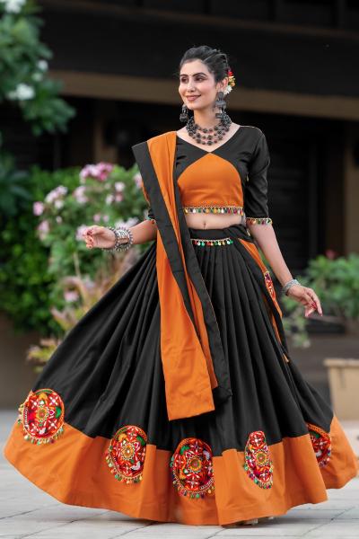 Aawiya 7066 C Orange - Black Cotton Lehenga Choli Wholesale catalog