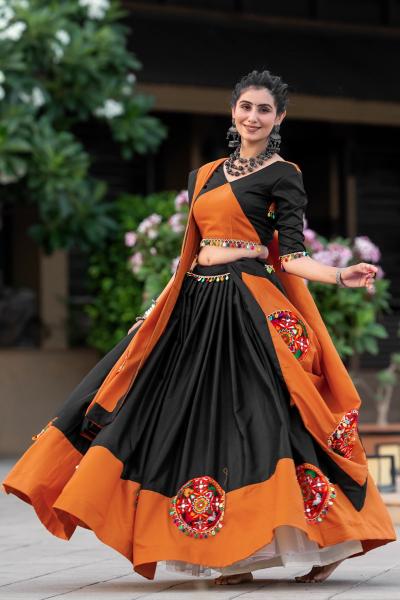 Aawiya 7066 C Orange - Black Cotton Lehenga Choli Wholesale catalog