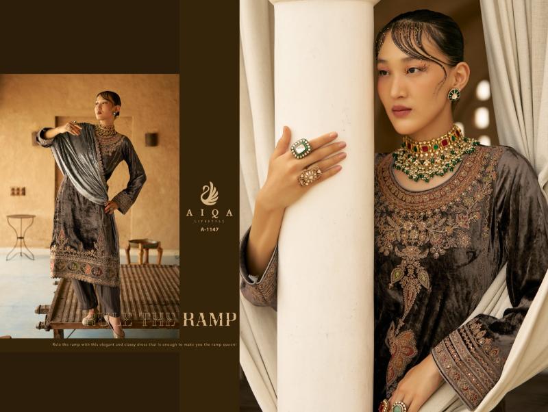 Aiqa Shaina Pure Velvet With Fancy Work Salwar Suits Wholesale Catalog 