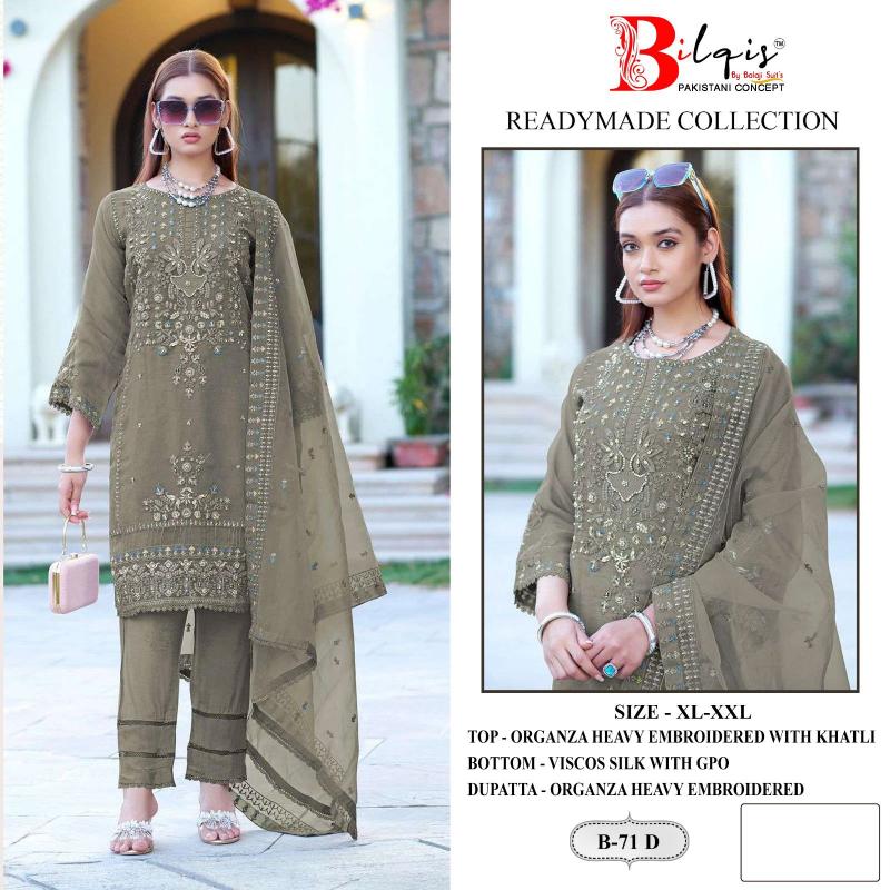 Bilqis B 71 A To D Organza Pakistani Ready Made Wholesale Catalog