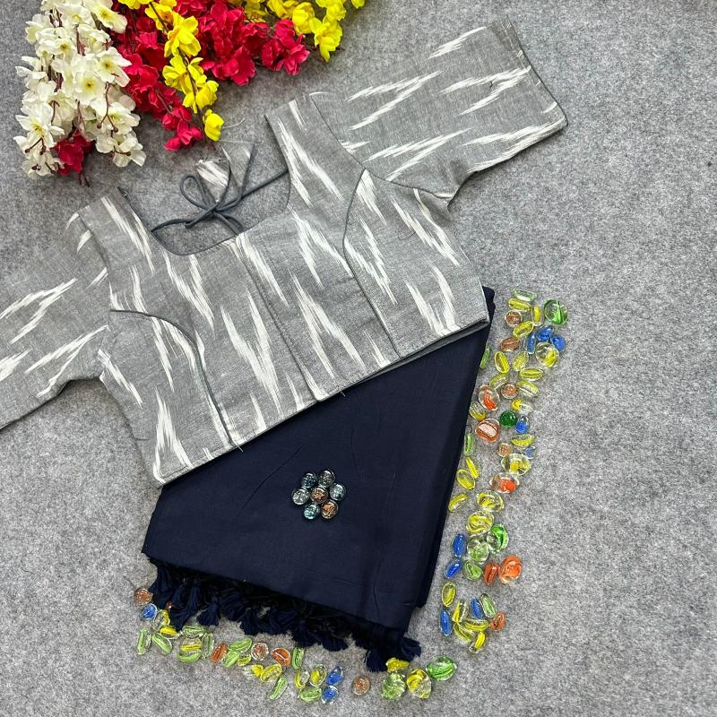 Blousewala Hk3 Khadi cotton saree And Beautiful Havy Ikkat Cotton  Blouse 