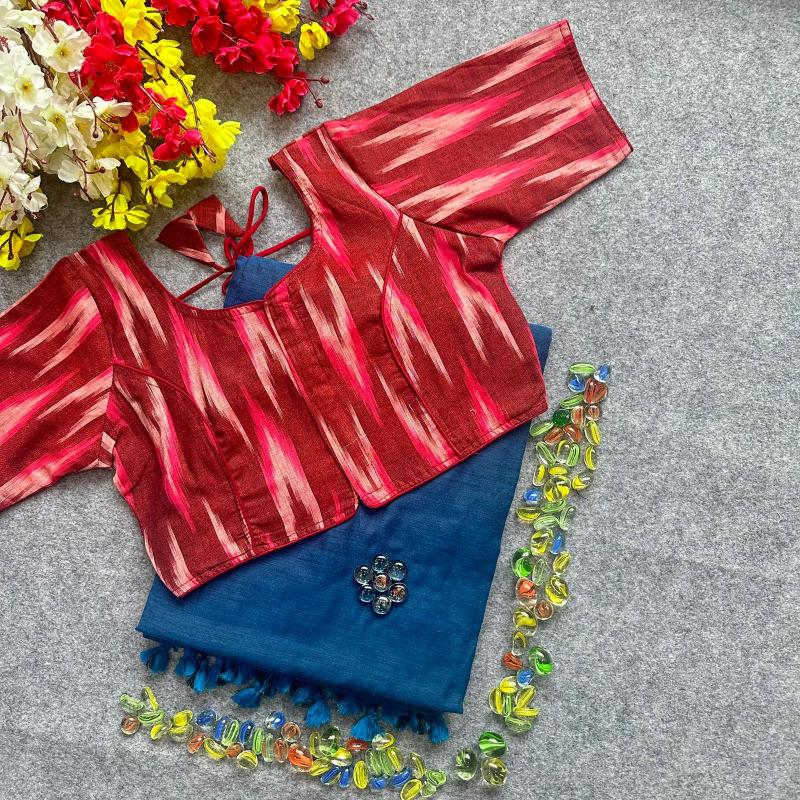 Blousewala Hk3 Khadi cotton saree And Beautiful Havy Ikkat Cotton  Blouse 