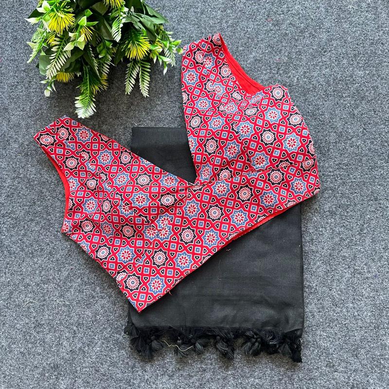 Blousewala Hk4 Khadi cotton saree And Beautiful Havy Ajrakh  Cotton Blouse