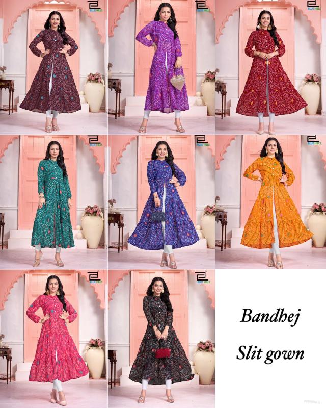 Blue Hills Bandhej Long Flair Gown Kurti Wholesale Catalog