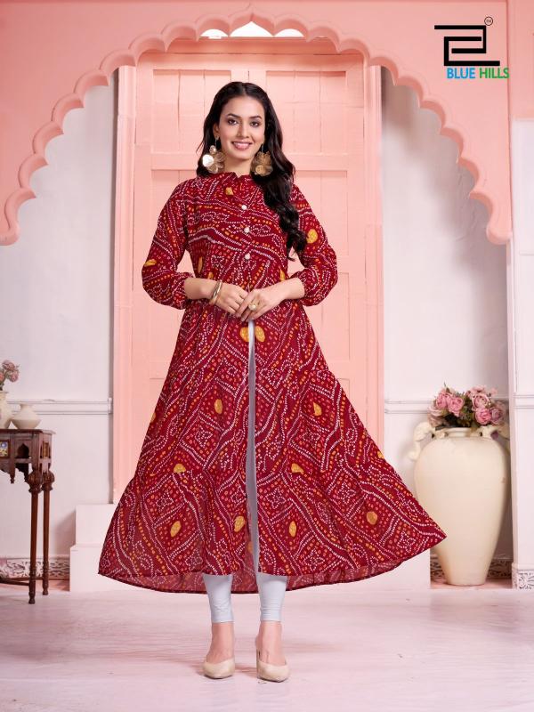 Blue Hills Bandhej Long Flair Gown Kurti Wholesale Catalog