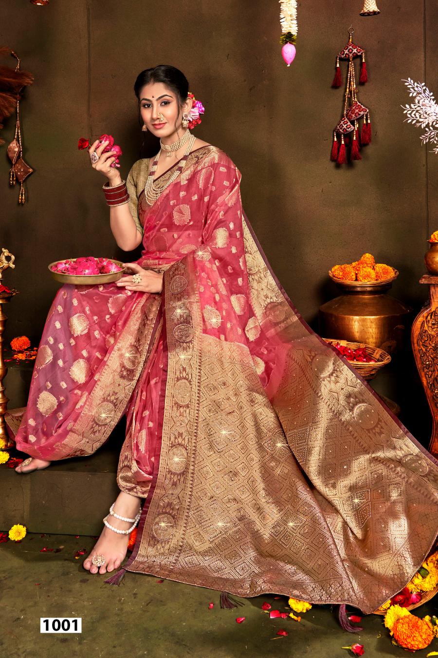 Saroj Rakhi organza swarovski vol.1 Jari organza silk saree in surat with price wholesale