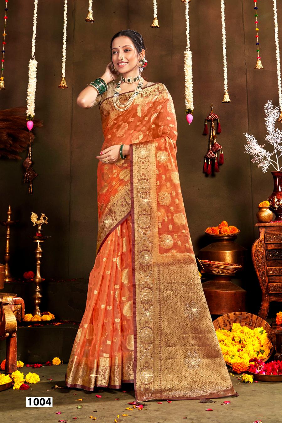Saroj Rakhi organza swarovski vol.1 Jari organza silk saree in surat with price wholesale