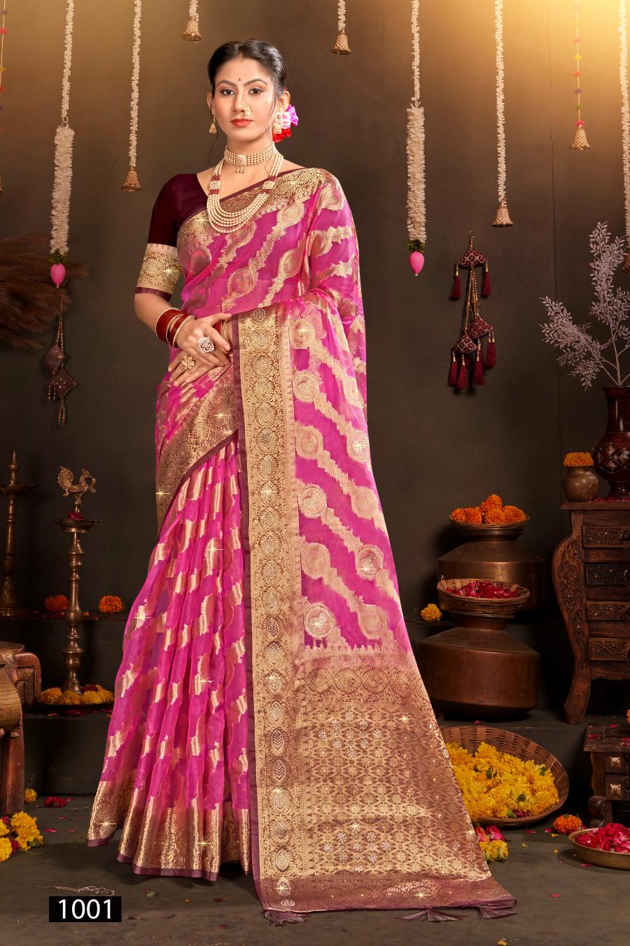 Saroj Rakhi organza swarovski vol.2 Jari organza silk saree in surat with price wholesale