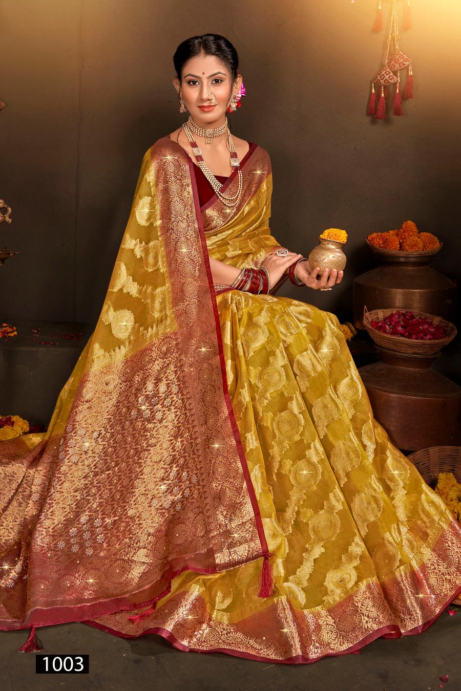 Saroj Rakhi organza swarovski vol.2 Jari organza silk saree in surat with price wholesale