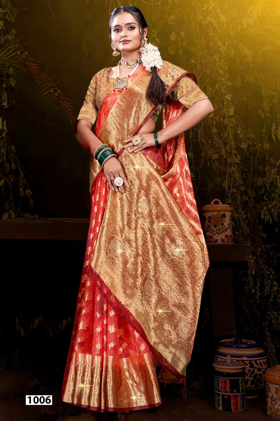 Saroj Rakhi organza swarovski vol.4 Jari organza silk saree in surat with price wholesale