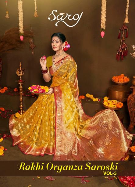 Saroj Rakhi organza swarovski vol.5 Jari organza silk saree in surat with price wholesale  