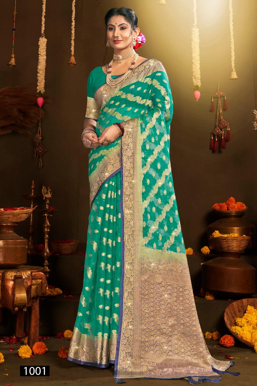 Saroj Rakhi organza swarovski vol.5 Jari organza silk saree in surat with price wholesale  