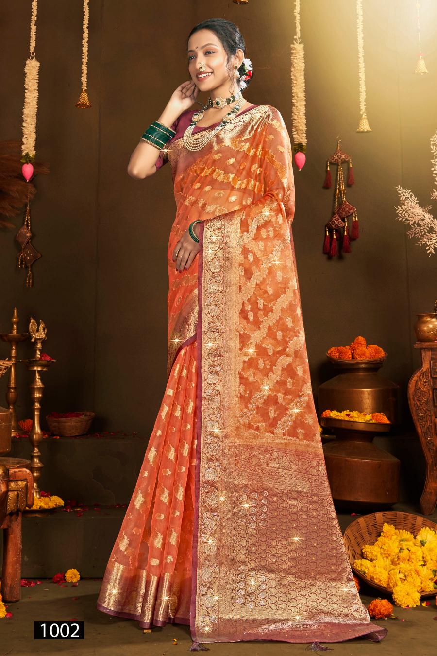 Saroj Rakhi organza swarovski vol.5 Jari organza silk saree in surat with price wholesale  