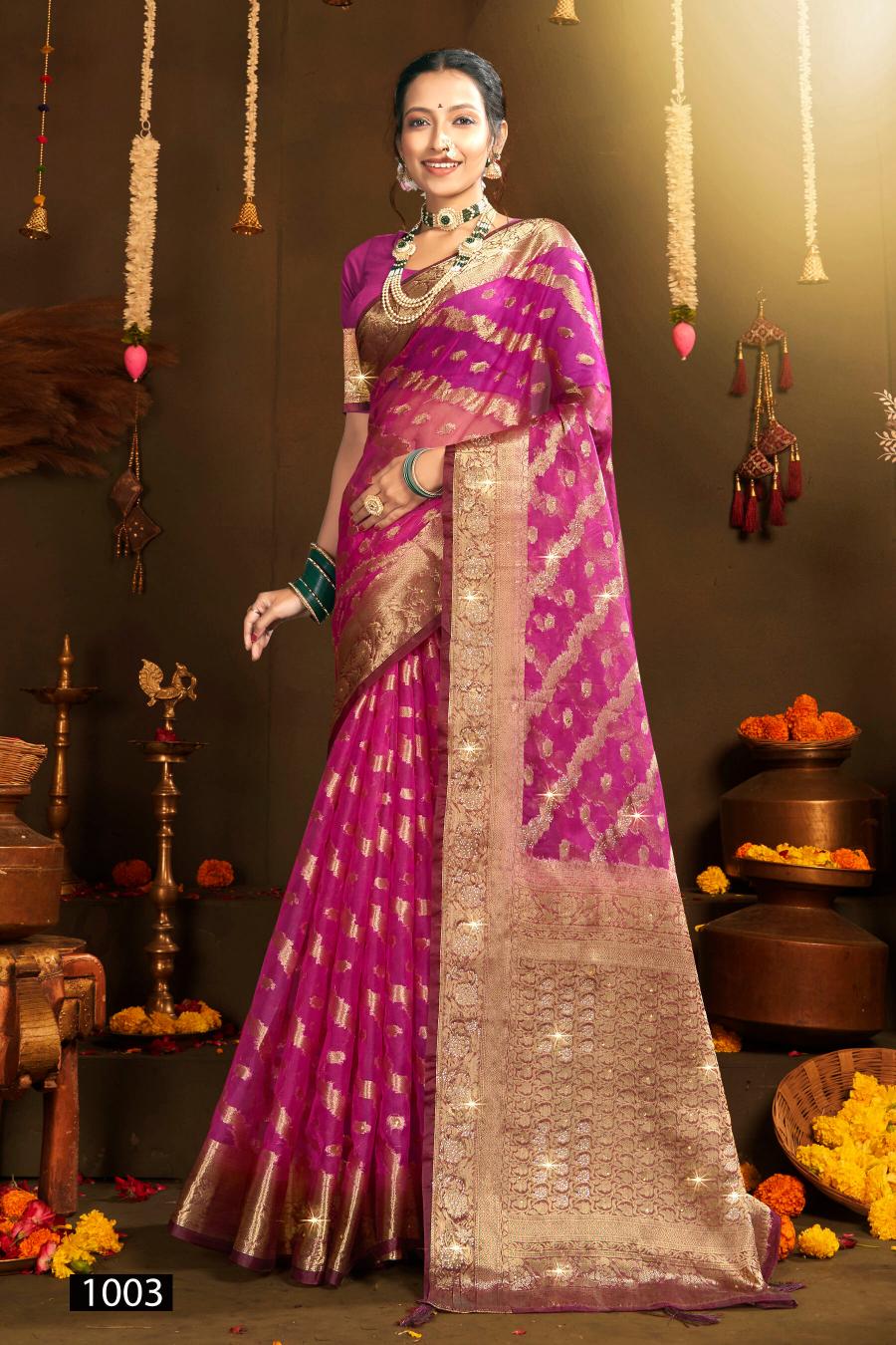 Saroj Rakhi organza swarovski vol.5 Jari organza silk saree in surat with price wholesale  