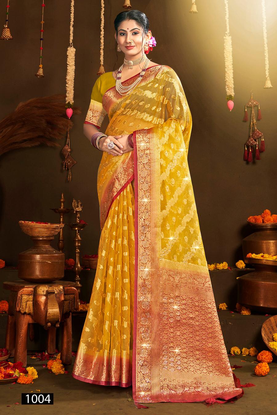 Saroj Rakhi organza swarovski vol.5 Jari organza silk saree in surat with price wholesale  