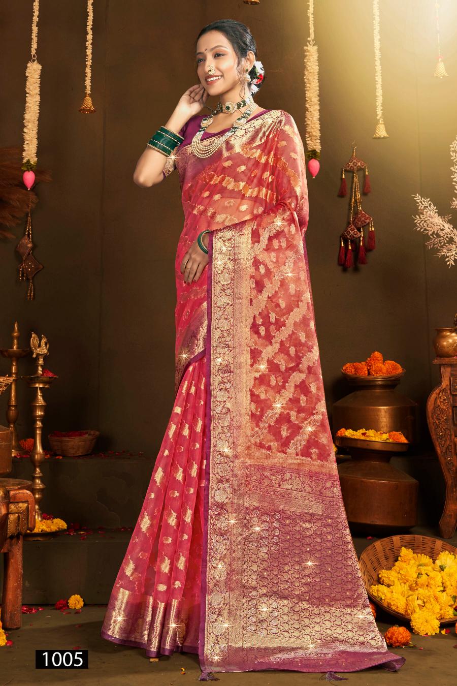 Saroj Rakhi organza swarovski vol.5 Jari organza silk saree in surat with price wholesale  