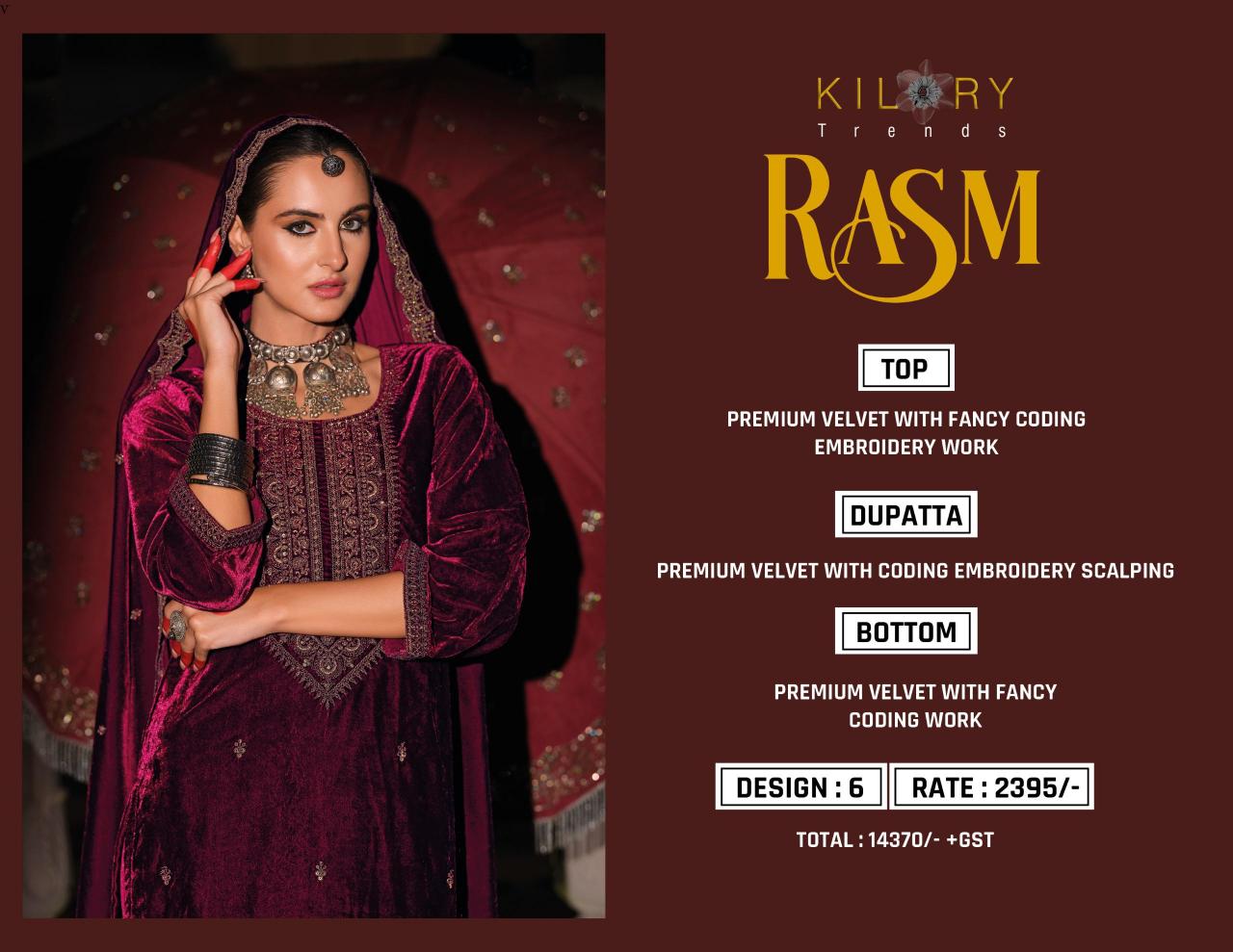 Kilory Rasm Velvet Embroidered Salwar Kameez Wholesale Catalog