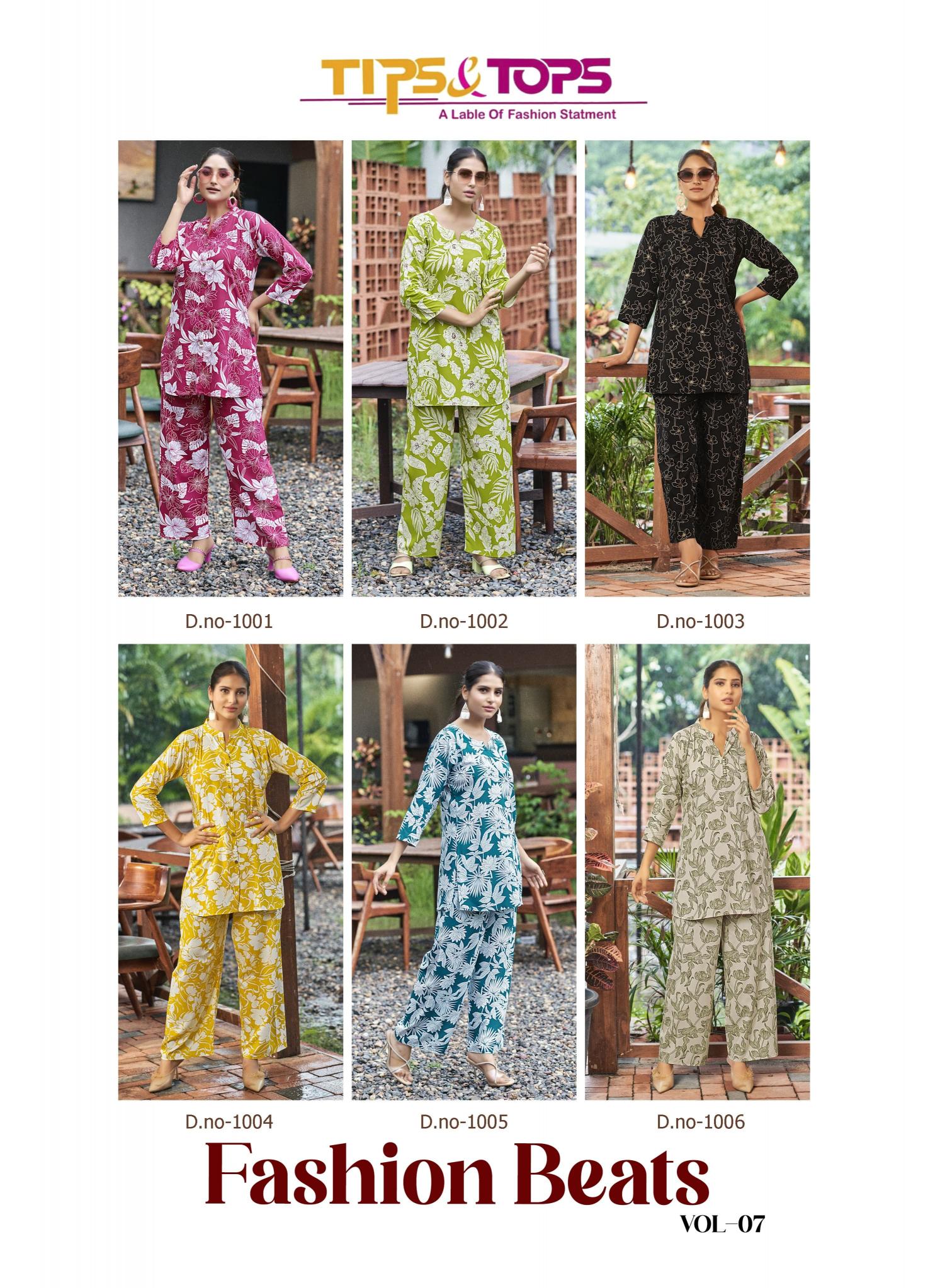 TIPS & TOPS Fashion Beats Vol 7 Rayon Printed Co Ord Set Wholesale Catalog