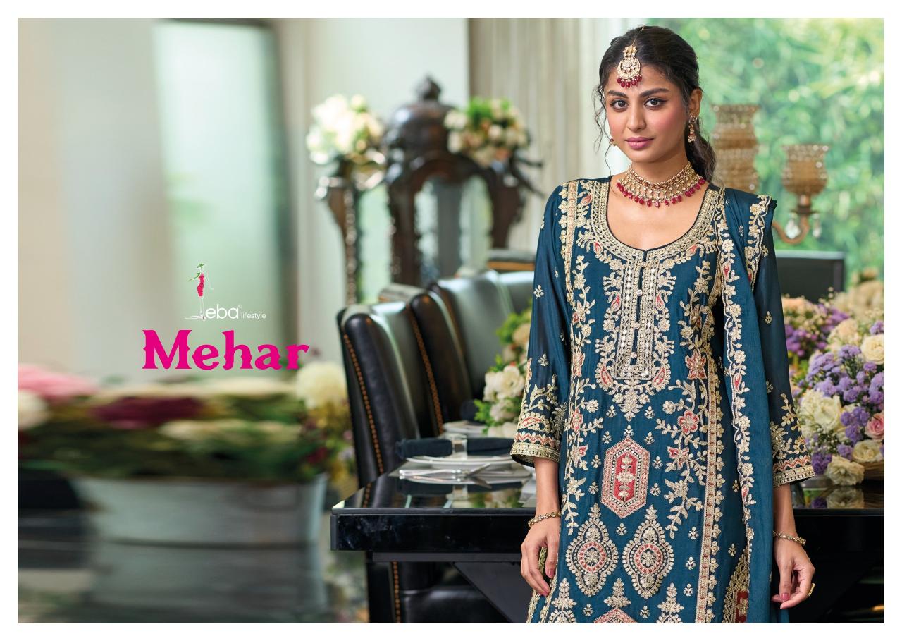 EBA Mehar hevey Chinon with emboidery work Salwar Kameez Wholesale Catalog