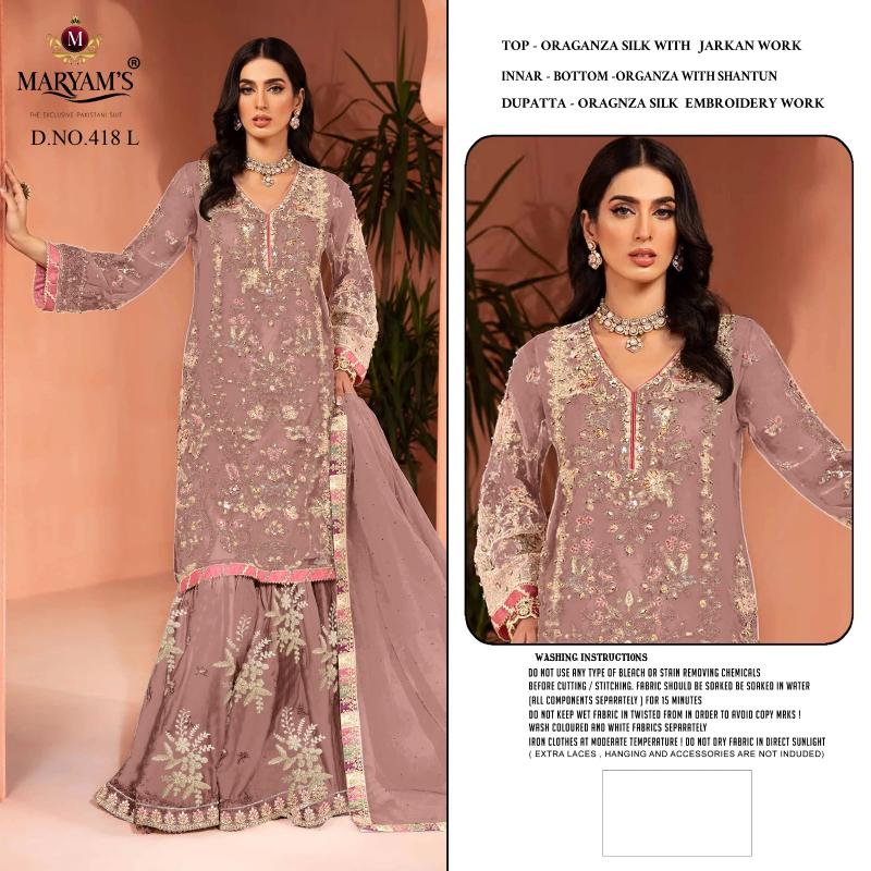 MARYAMS M418 Special Edition Oragnza Silk Embroidery Pakistani Suits Wholesale Catalog
